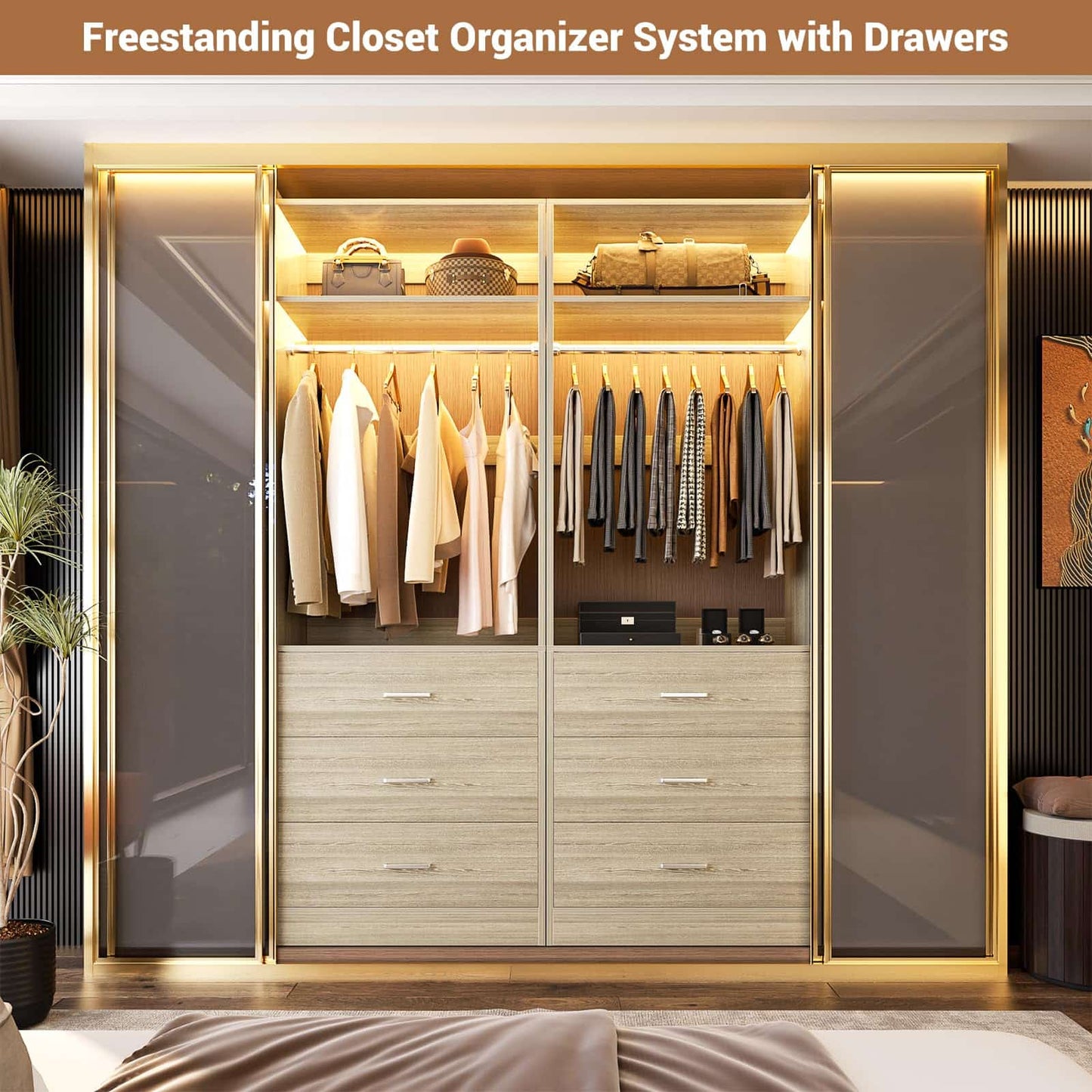 Freestanding 2FT Closet System with 3 Wood Drawers, 24" Closet Organizer System with Hanging Rod & Shelves