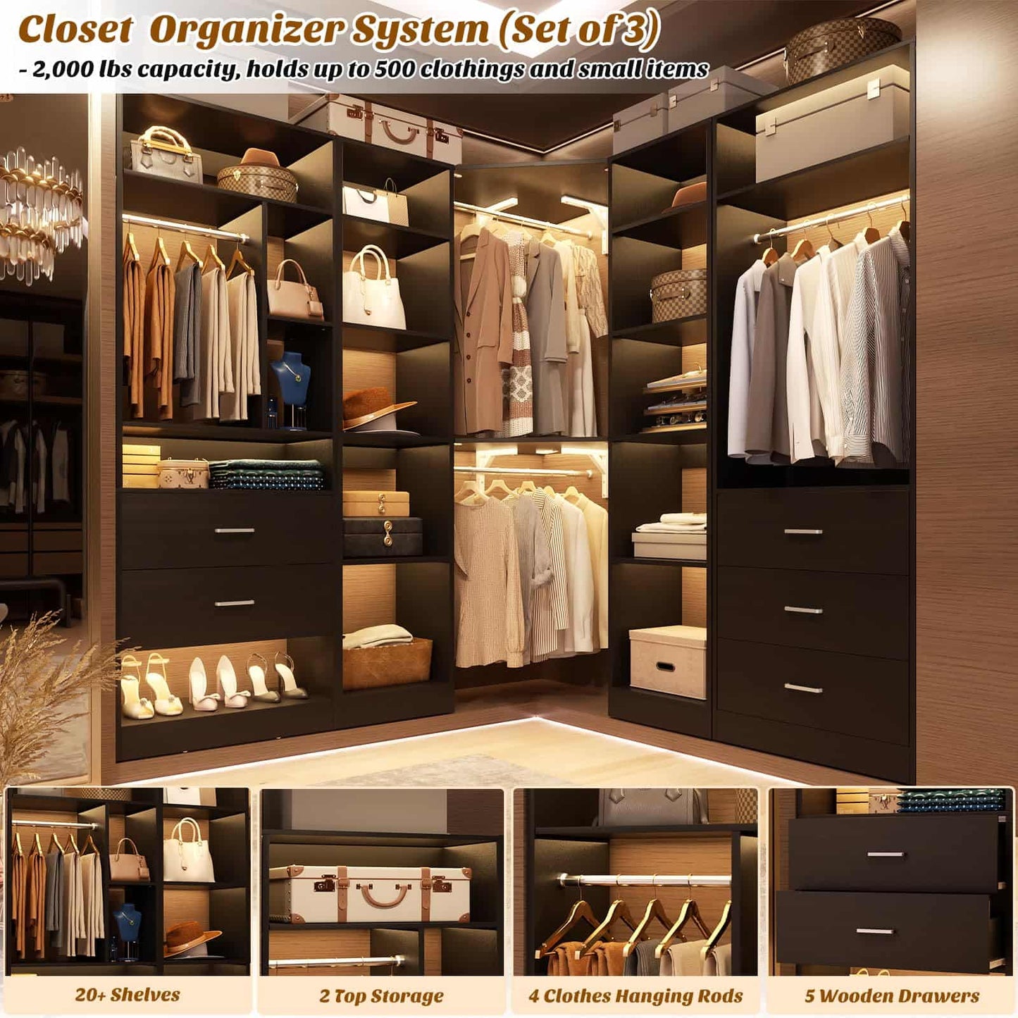Freestanding Closet System with 3 Sets, 87.2" Closet Organizer System , Reversible L Shaped Walk-in Closets,