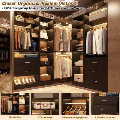 Freestanding Closet System with 3 Sets, 87.2" Closet Organizer System , Reversible L Shaped Walk-in Closets,