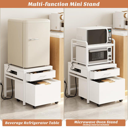 Mini Fridge Stand with Drawer Storage & Sockets, Heavy Duty Mini Refrigerator table with Rolling Cabinet