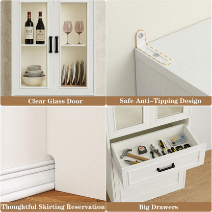 80" Tall Kitchen Pantry Cabinet with Glass Doors, 3 Drawers & Adjustable Shelves - Versatile Storage Cupboard