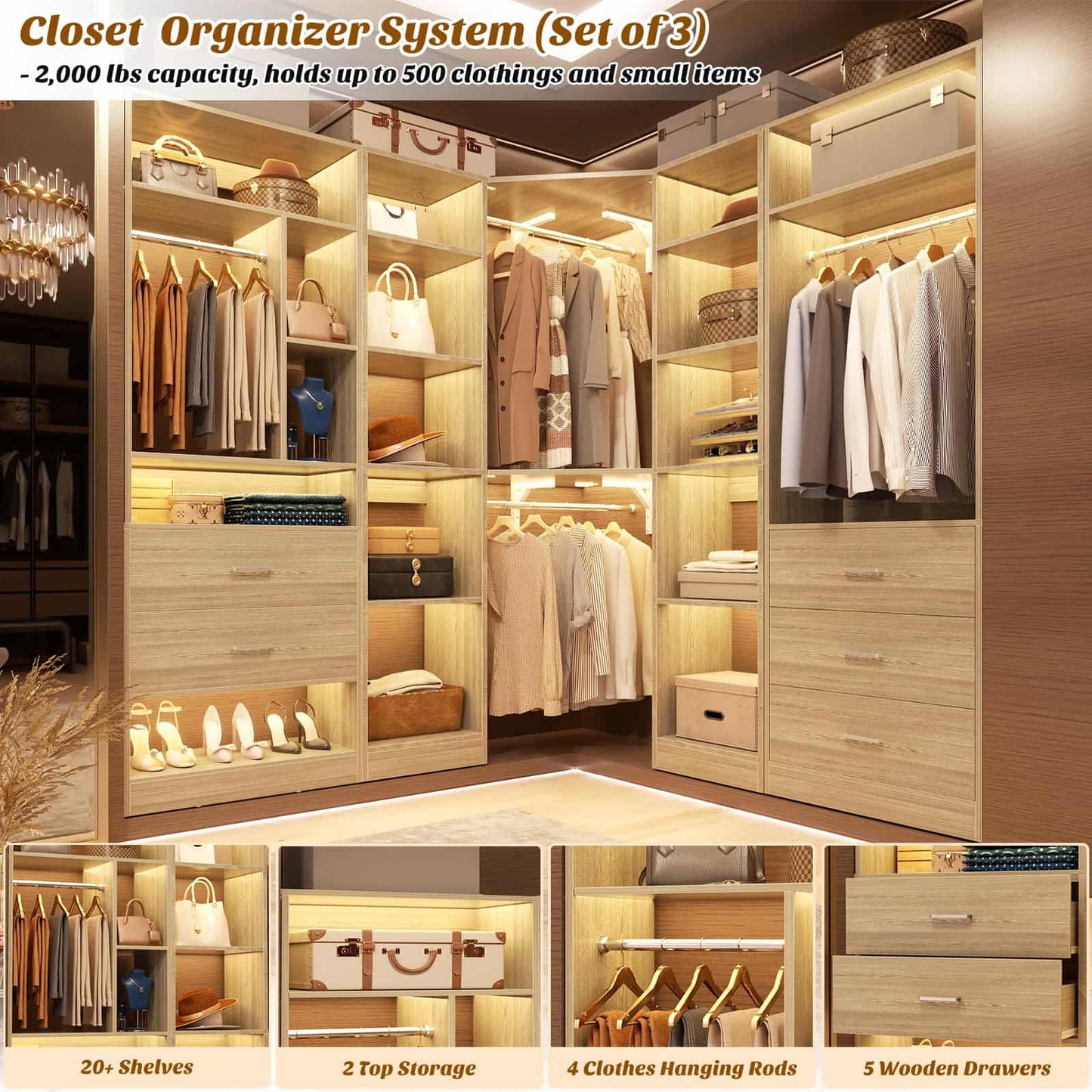 Freestanding Closet System with 3 Sets, 87.2" Closet Organizer System , Reversible L Shaped Walk-in Closets,