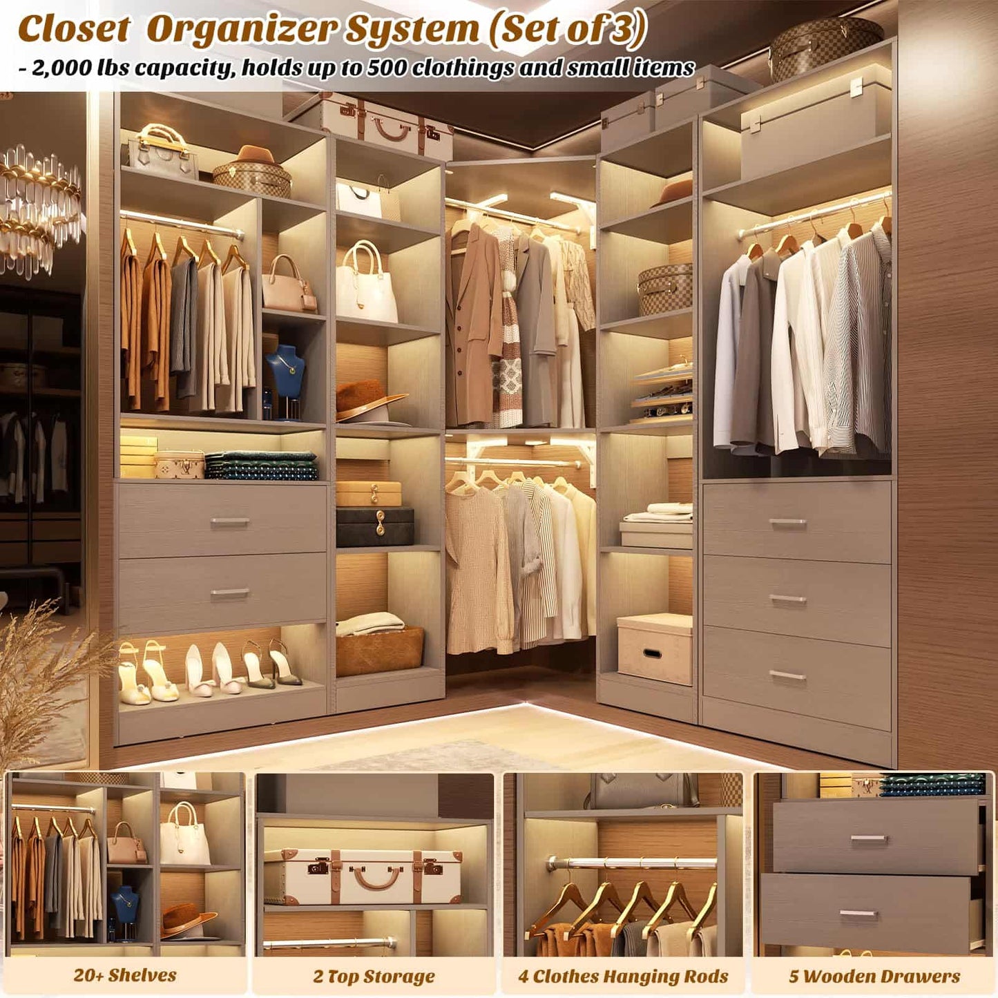 Freestanding Closet System with 3 Sets, 87.2" Closet Organizer System , Reversible L Shaped Walk-in Closets,