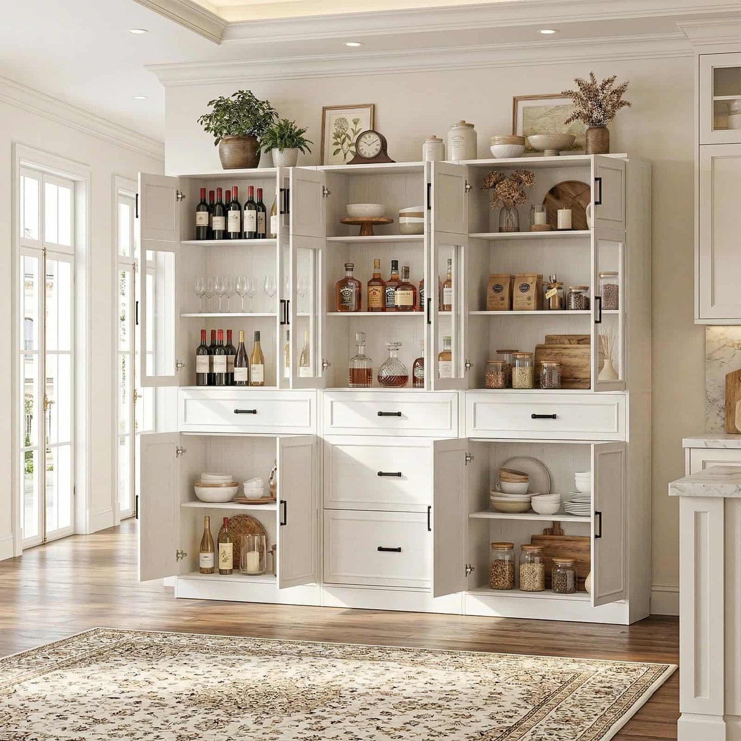 Farmhouse Storage Cabinet Bundle - 2-Pack 80" Tall Pantry Set + Single Tall Pantry Cabinet with Drawers, Space-Saving Design
