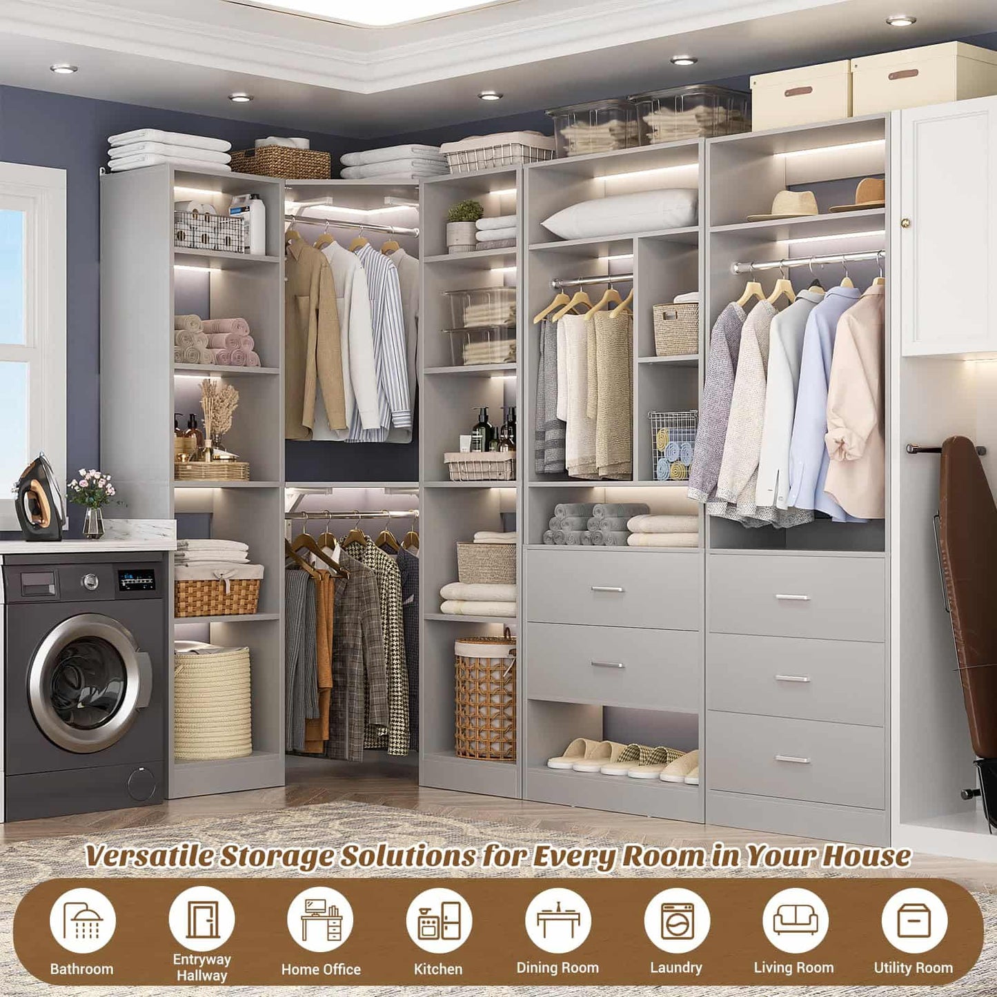 Freestanding Closet System with 3 Sets, 87.2" Closet Organizer System , Reversible L Shaped Walk-in Closets,