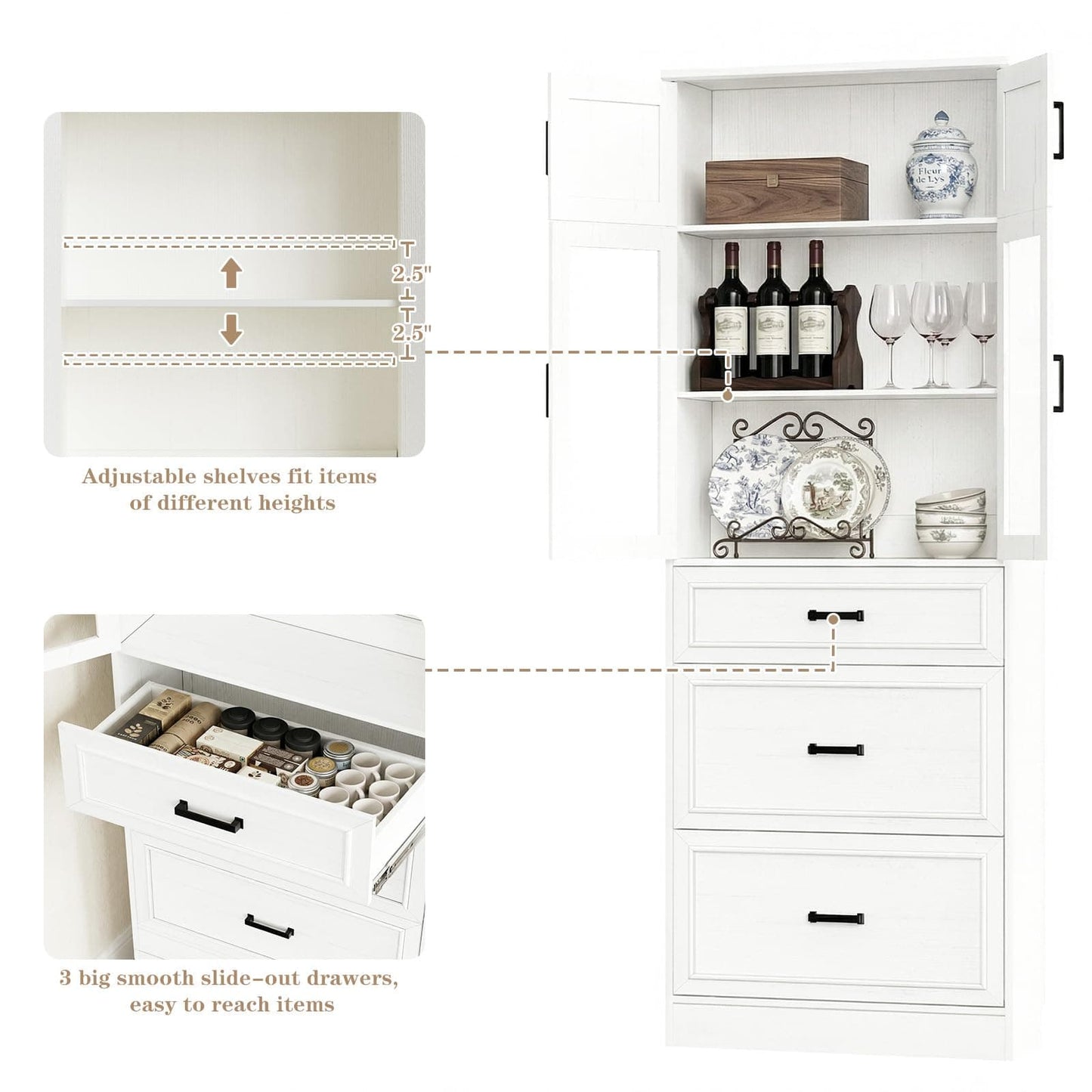 80" Tall Kitchen Pantry Cabinet with Glass Doors, 3 Drawers & Adjustable Shelves - Versatile Storage Cupboard