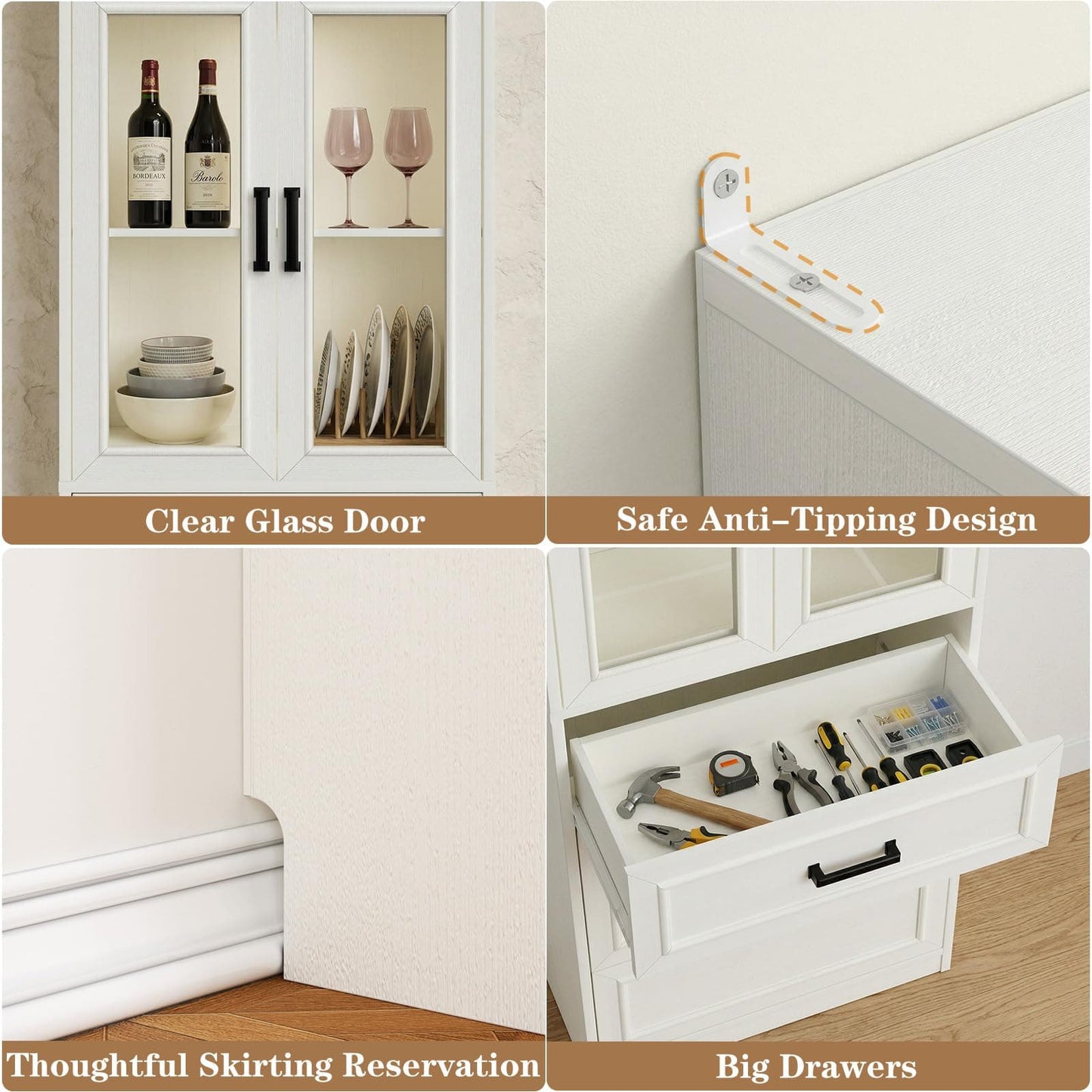 2-Pack 80" Tall Kitchen Pantry Storage Cabinets with Glass Doors, Adjustable Shelves & 3 Drawers - Versatile White Storage Cupboards