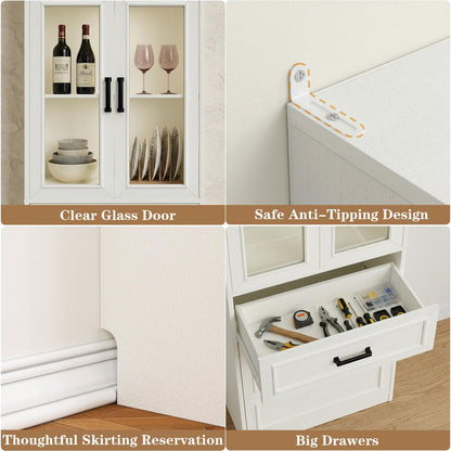 2-Pack 80" Tall Kitchen Pantry Storage Cabinets with Glass Doors, Adjustable Shelves & 3 Drawers - Versatile White Storage Cupboards