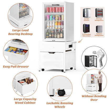 Mini Fridge Stand with Drawer Storage & Sockets, Heavy Duty Mini Refrigerator table with Rolling Cabinet