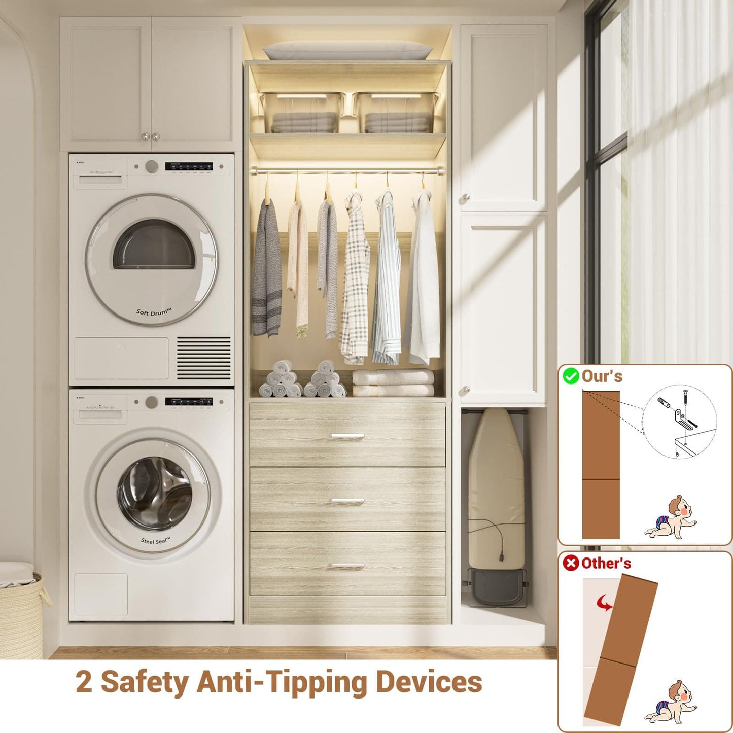 Freestanding 2FT Closet System with 3 Wood Drawers, 24" Closet Organizer System with Hanging Rod & Shelves