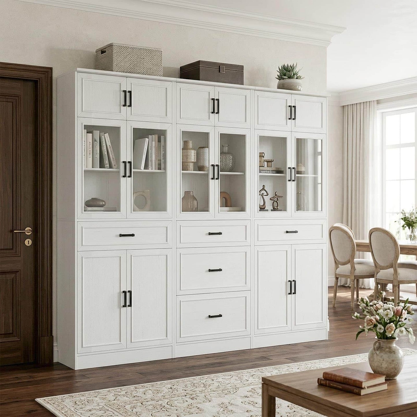 Farmhouse Storage Cabinet Bundle - 2-Pack 80" Tall Pantry Set + Single Tall Pantry Cabinet with Drawers, Space-Saving Design