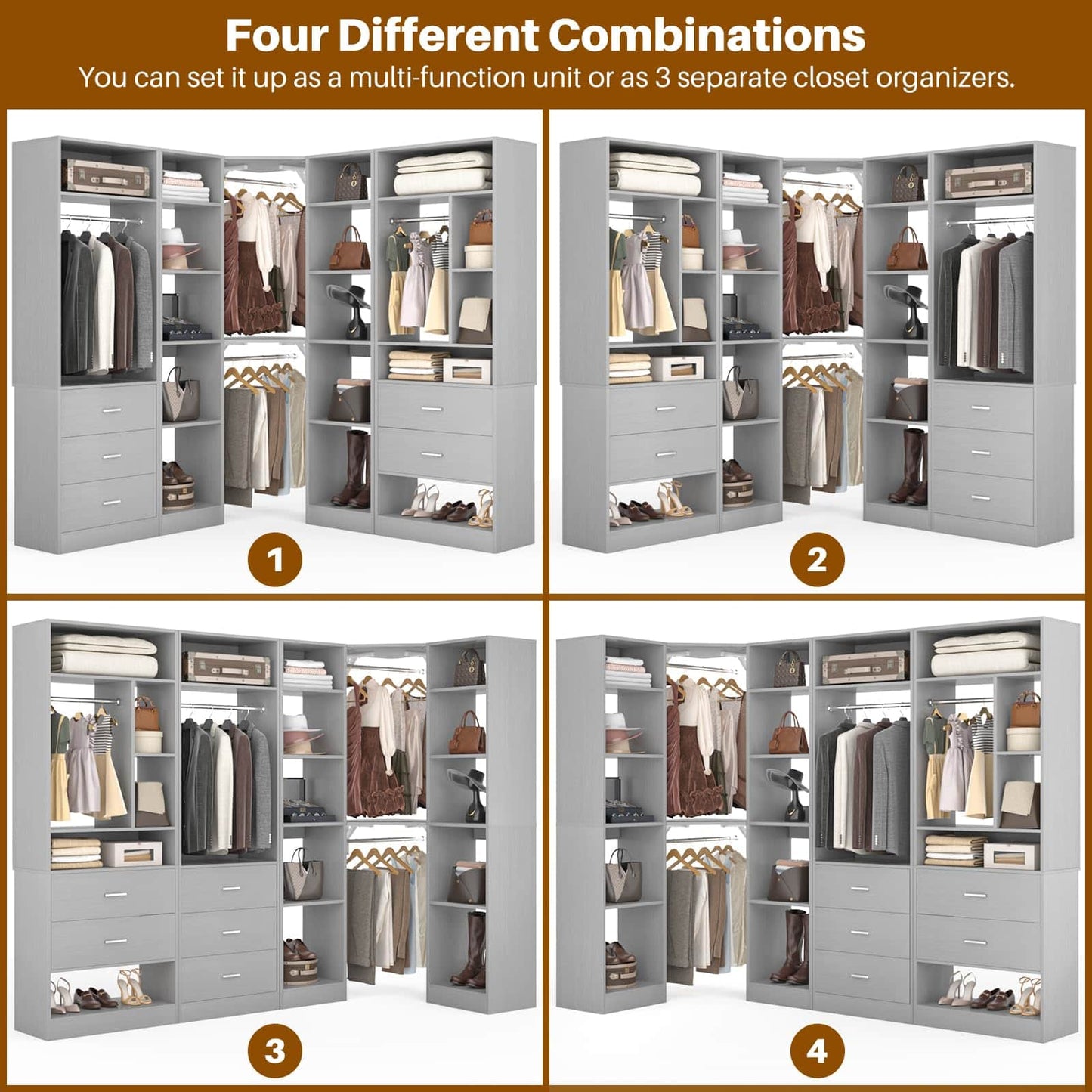 Freestanding Closet System with 3 Sets, 87.2" Closet Organizer System , Reversible L Shaped Walk-in Closets,