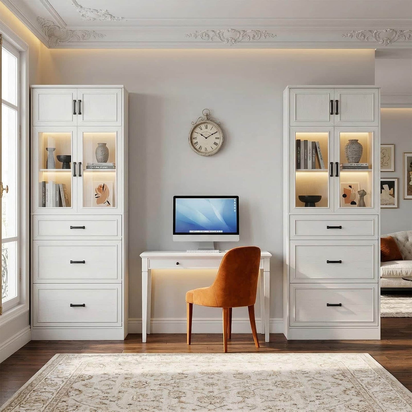 2-Pack 80" Tall Kitchen Pantry Storage Cabinets with Glass Doors, Adjustable Shelves & 3 Drawers - Versatile White Storage Cupboards