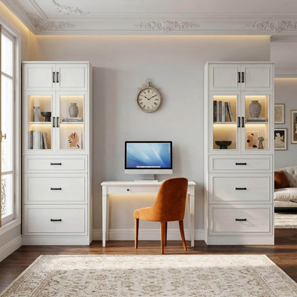 2-Pack 80" Tall Kitchen Pantry Storage Cabinets with Glass Doors, Adjustable Shelves & 3 Drawers - Versatile White Storage Cupboards