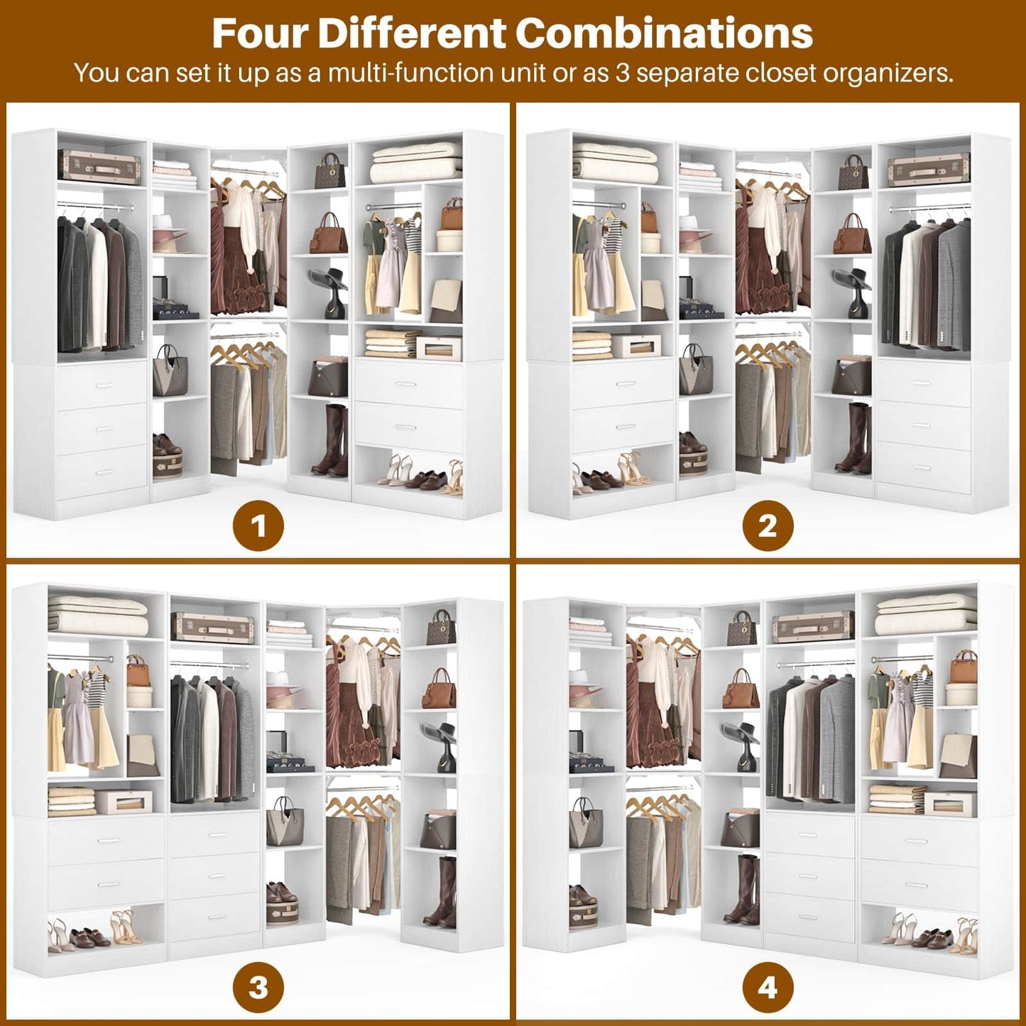 Freestanding Closet System with 3 Sets, 87.2" Closet Organizer System , Reversible L Shaped Walk-in Closets,