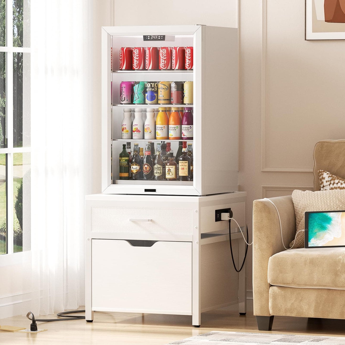 Mini Fridge Stand with Drawer Storage & Sockets, Heavy Duty Mini Refrigerator table with Rolling Cabinet
