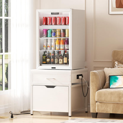 Mini Fridge Stand with Drawer Storage & Sockets, Heavy Duty Mini Refrigerator table with Rolling Cabinet
