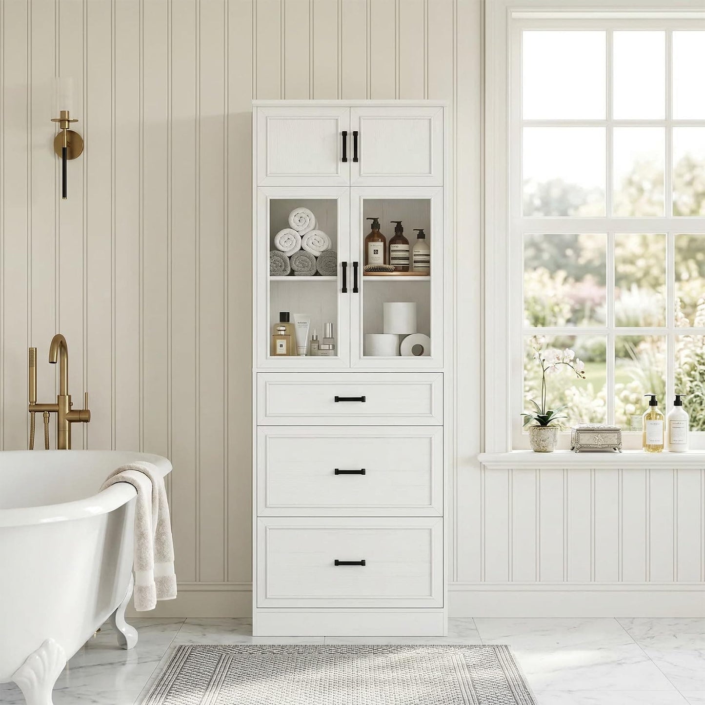 80" Tall Kitchen Pantry Cabinet with Glass Doors, 3 Drawers & Adjustable Shelves - Versatile Storage Cupboard