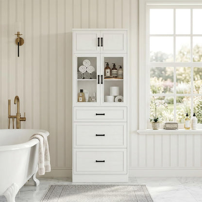 80" Tall Kitchen Pantry Cabinet with Glass Doors, 3 Drawers & Adjustable Shelves - Versatile Storage Cupboard