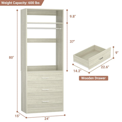 Freestanding 2FT Closet System with 3 Wood Drawers, 24" Closet Organizer System with Hanging Rod & Shelves