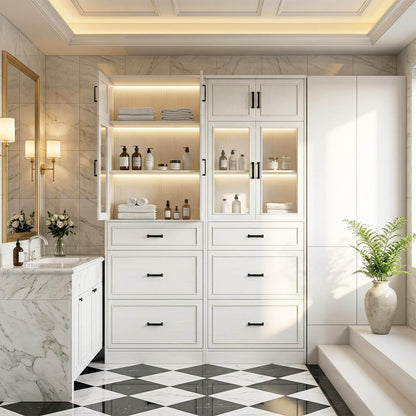 2-Pack 80" Tall Kitchen Pantry Storage Cabinets with Glass Doors, Adjustable Shelves & 3 Drawers - Versatile White Storage Cupboards