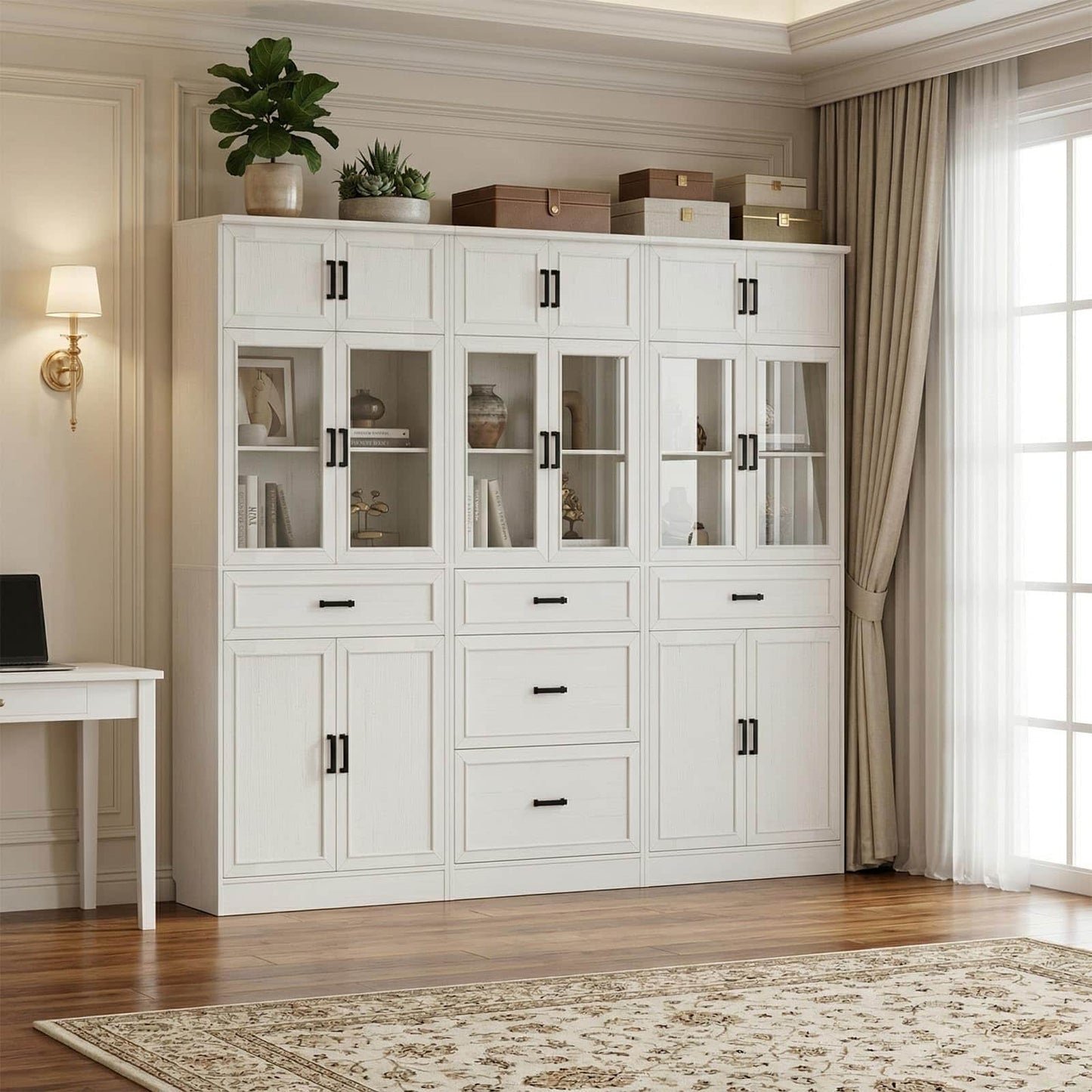 Farmhouse Storage Cabinet Bundle - 2-Pack 80" Tall Pantry Set + Single Tall Pantry Cabinet with Drawers, Space-Saving Design