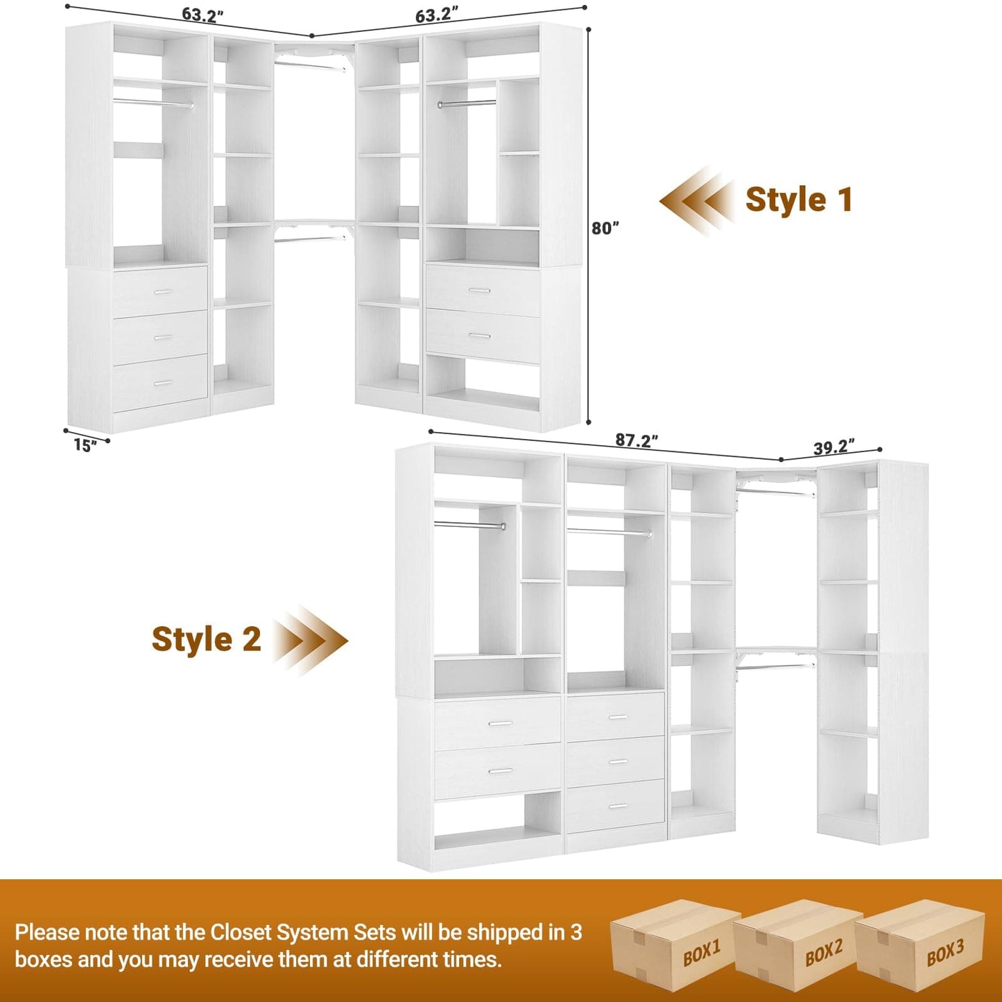 Freestanding Closet System with 3 Sets, 87.2" Closet Organizer System , Reversible L Shaped Walk-in Closets,
