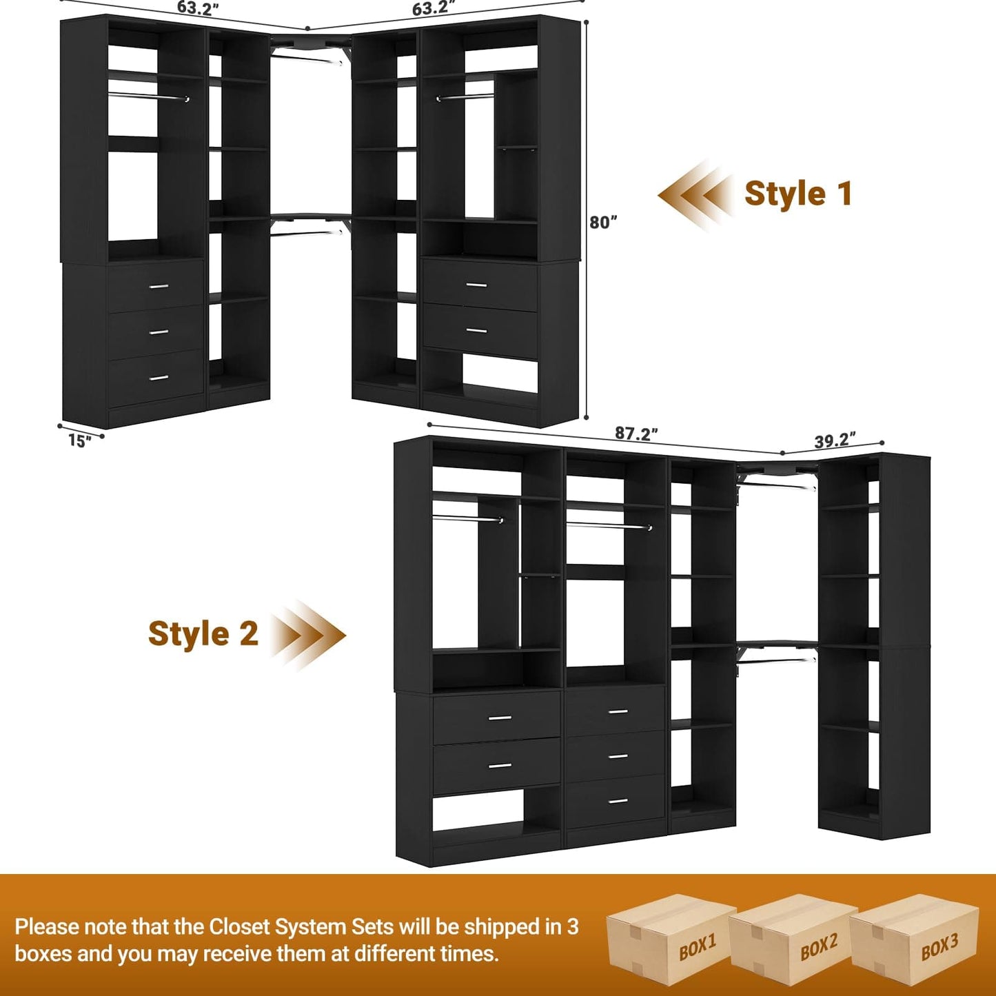 Freestanding Closet System with 3 Sets, 87.2" Closet Organizer System , Reversible L Shaped Walk-in Closets,