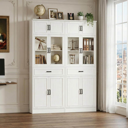 80" Tall Kitchen Pantry Storage Cabinet with Glass Doors, Adjustable Shelves & Drawer Organizer - Versatile Cupboard for Kitchen, Dining Room, Living Room, Bathroom