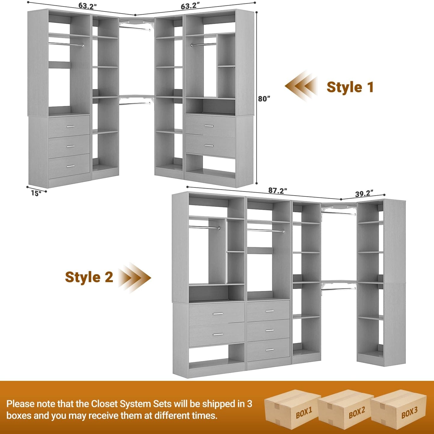 Freestanding Closet System with 3 Sets, 87.2" Closet Organizer System , Reversible L Shaped Walk-in Closets,