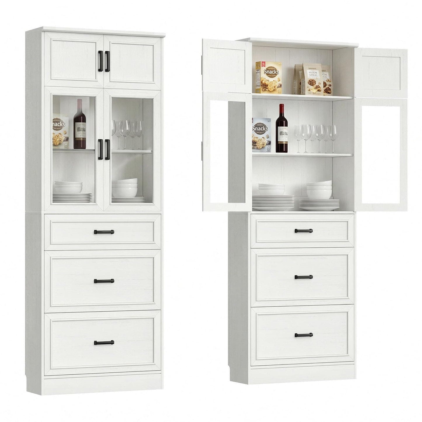 80" Tall Kitchen Pantry Cabinet with Glass Doors, 3 Drawers & Adjustable Shelves - Versatile Storage Cupboard