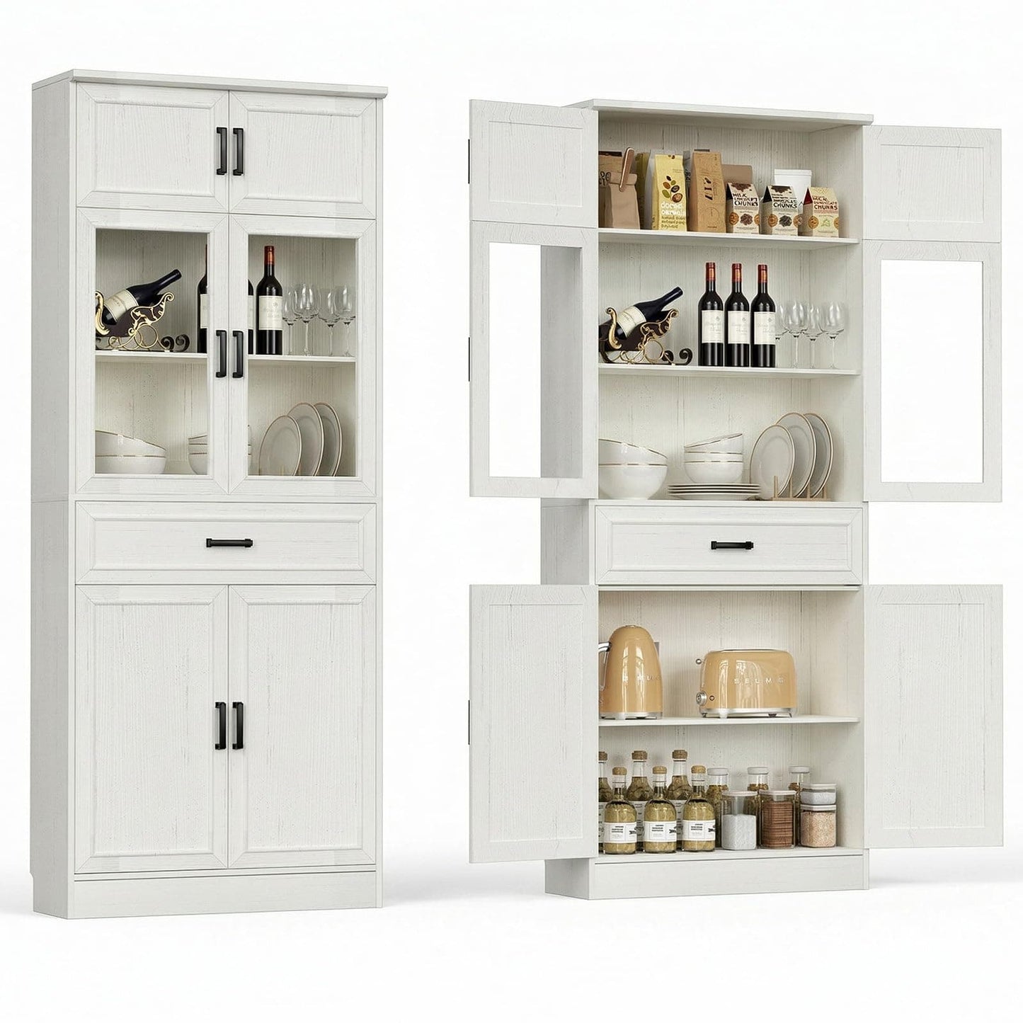 80" Tall Kitchen Pantry Storage Cabinet with Glass Doors, Adjustable Shelves & Drawer Organizer - Versatile Cupboard for Kitchen, Dining Room, Living Room, Bathroom