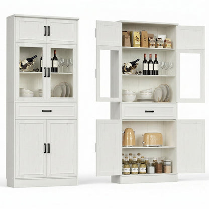 80" Tall Kitchen Pantry Storage Cabinet with Glass Doors, Adjustable Shelves & Drawer Organizer - Versatile Cupboard for Kitchen, Dining Room, Living Room, Bathroom