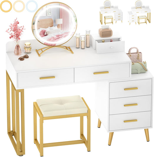 Vanity Desk with Mirror and Lights, Modern Makeup Vanity Table Set with 6 Storage Drawers and Cushioned Stool