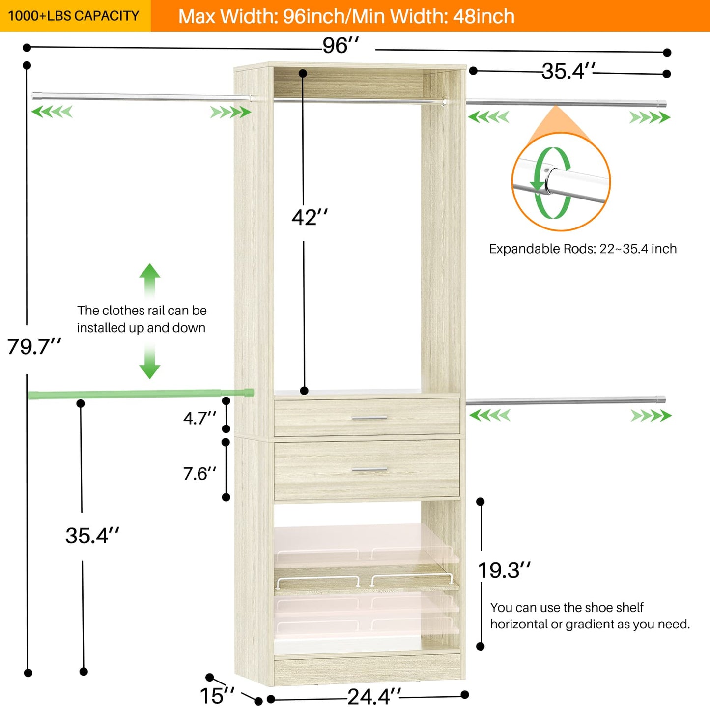 Closet System with Wooden Drawers, Adjustable Angled Shoe Rack