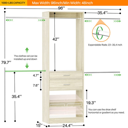 Closet System with Wooden Drawers, Adjustable Angled Shoe Rack