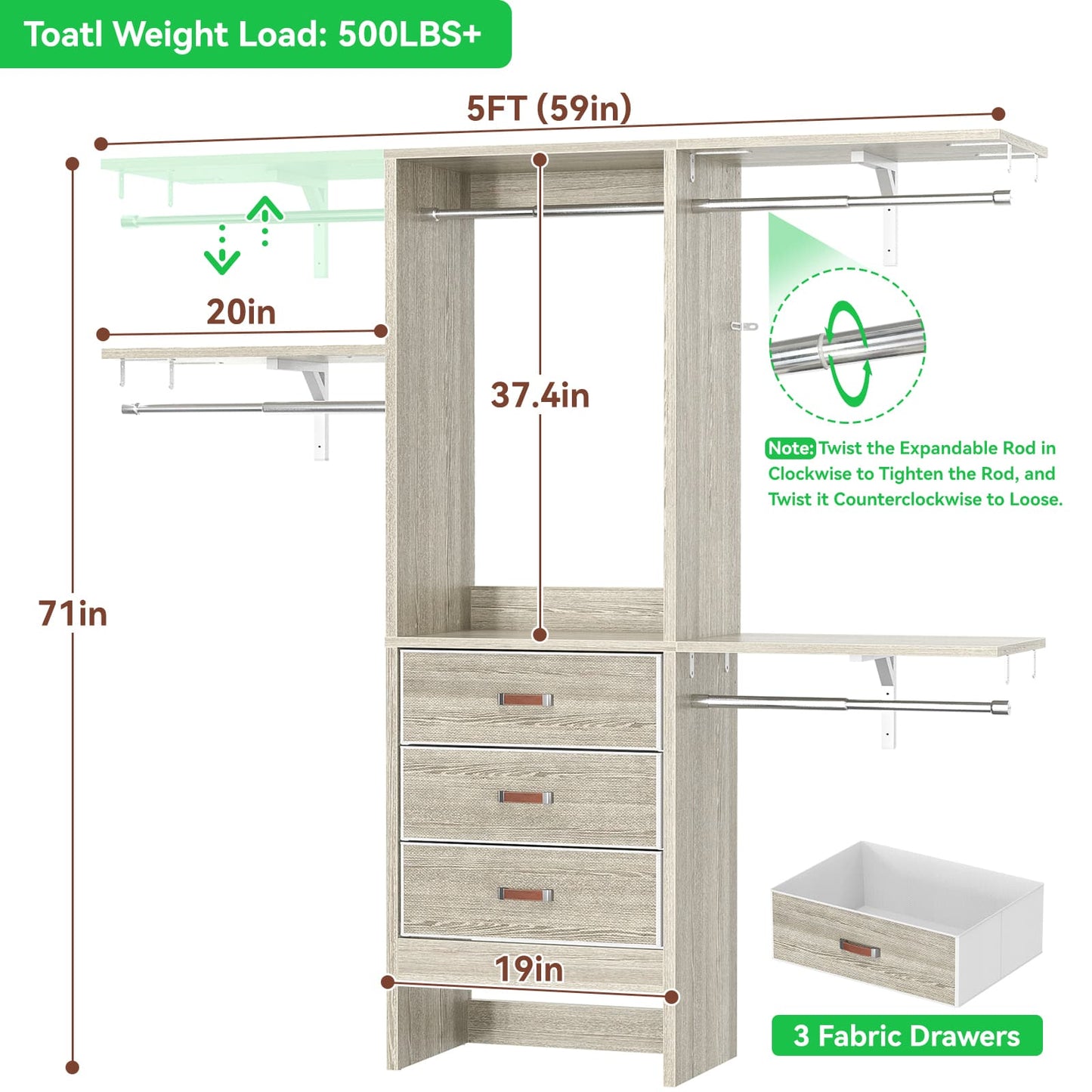 59'' W Small Closet System with 3 Fabric Drawers