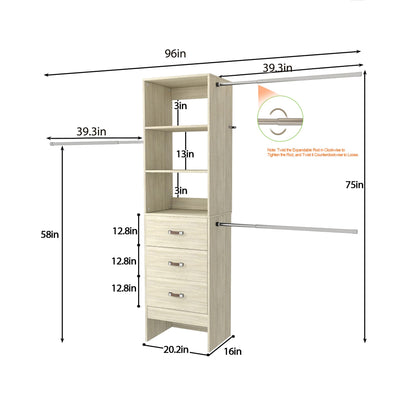 Adjustable 5-8FT Wall-Mounted Closet Organizer System with 3 Hanging Rods & 3 Wood Drawers